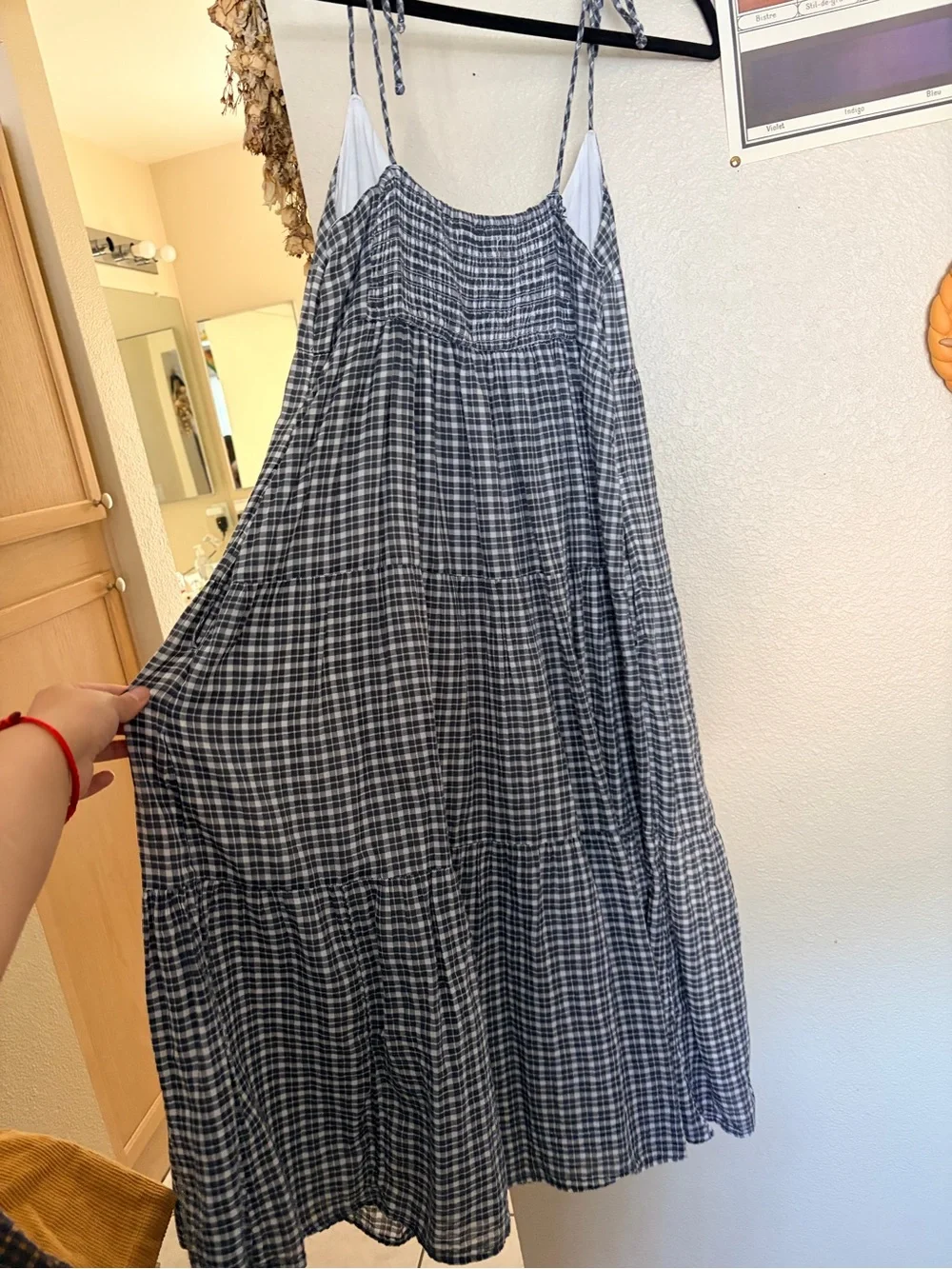 Abercrombie & Fitch Blue/Grey Gingham Tie-Strap Tiered Maxi Tent Dress